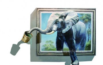 ファンタジー Painting - フレームからはみ出す水を飲む象 3D